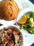 Pulled pork, steamed veggies & sweet potatoes mashed from Rub BBQ.